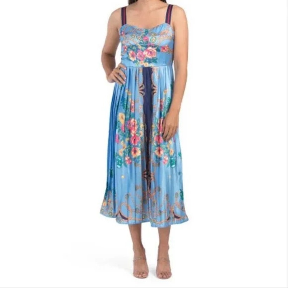 Dalia MacPhee Elegant Blue Pleated Midi Sundress Floral Wedding Guest Size L